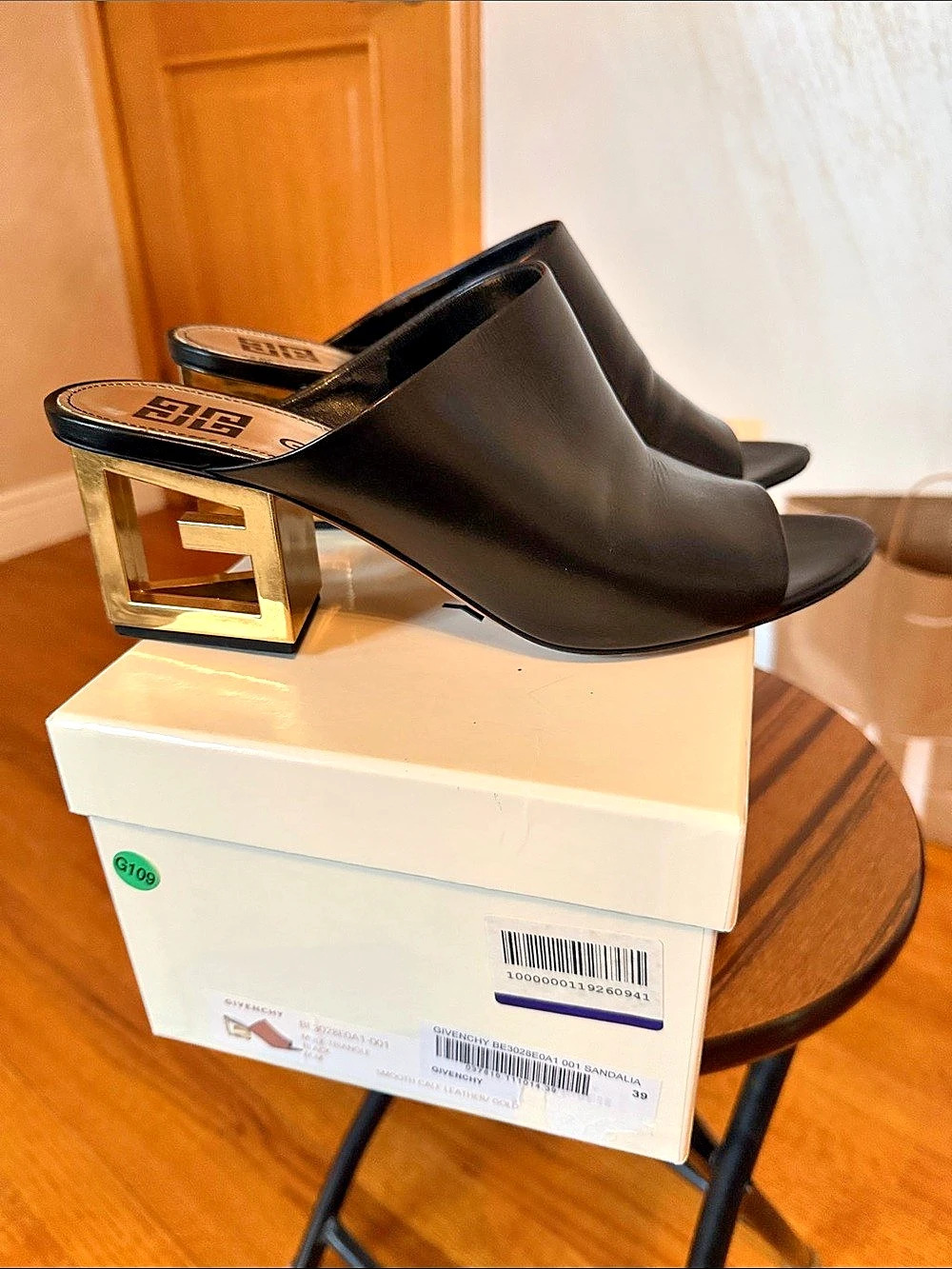 Givenchy G Triangle Heel Leather Mule Black Open-Toe Heels